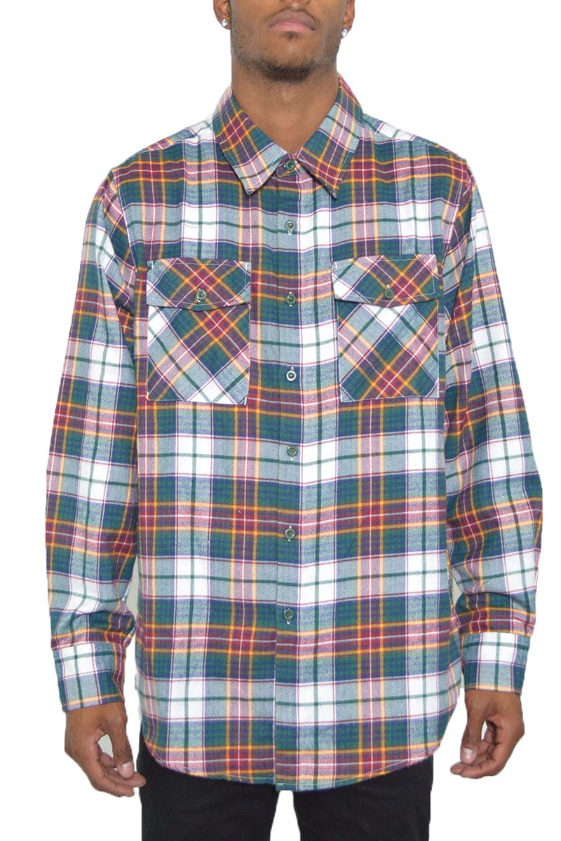 WEIV Men's Fashion - Men's Clothing - Shirts - Casual Shirts GREEN GOLD / S Long Sleeve Checkered Plaid Brushed Flannel - Multiple Color Combinations Available