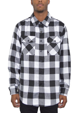 WEIV Men's Fashion - Men's Clothing - Shirts - Casual Shirts WHITE BLACK / S Long Sleeve Checkered Plaid Brushed Flannel in Brown, Grey, Khaki, Olive, Red, Black, or White