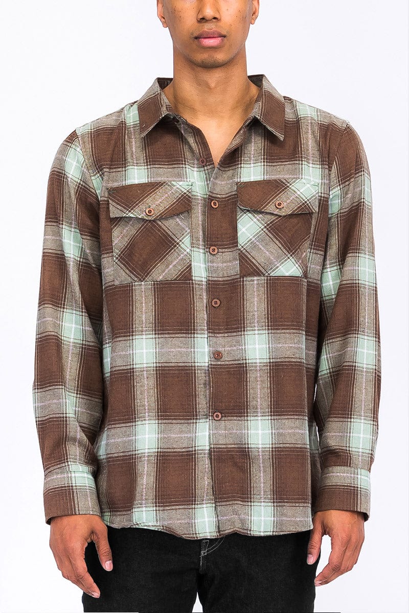 WEIV Men's Shirt BROWN GREEN / S Long Sleeve Checkered Plaid Brushed Flannel in Brown, Khaki, or Navy