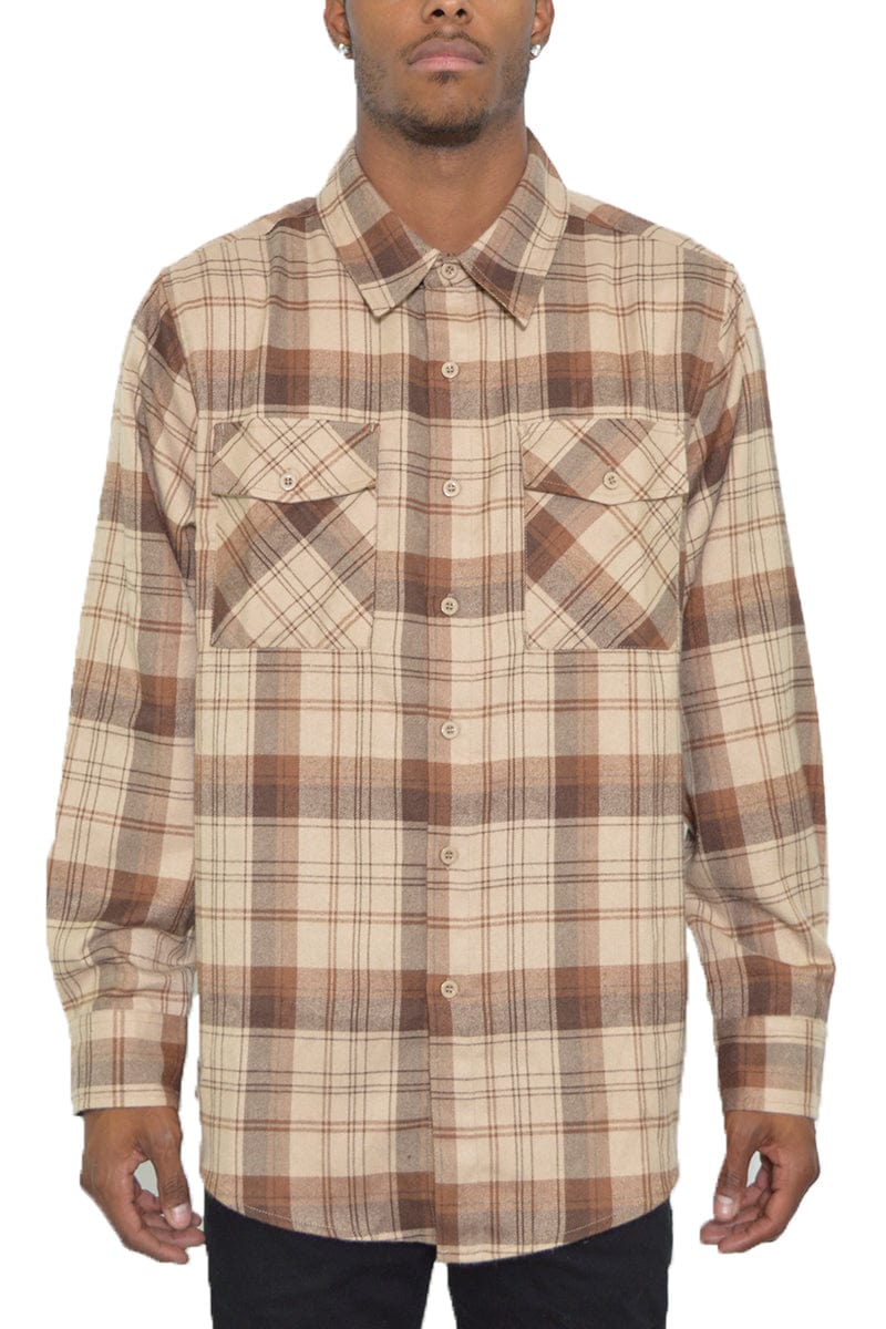 WEIV Men's Shirt BROWN KHAKI / S Long Sleeve Check Brushed Flannel in Black, Brown, Olive, Green, Navy, Orange, or Yellow