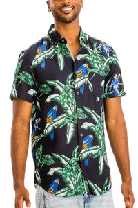 WEIV Men's Shirt Digital Print Hawaiian Short Sleeve Shirt-Black Background with Green, White, & Blues