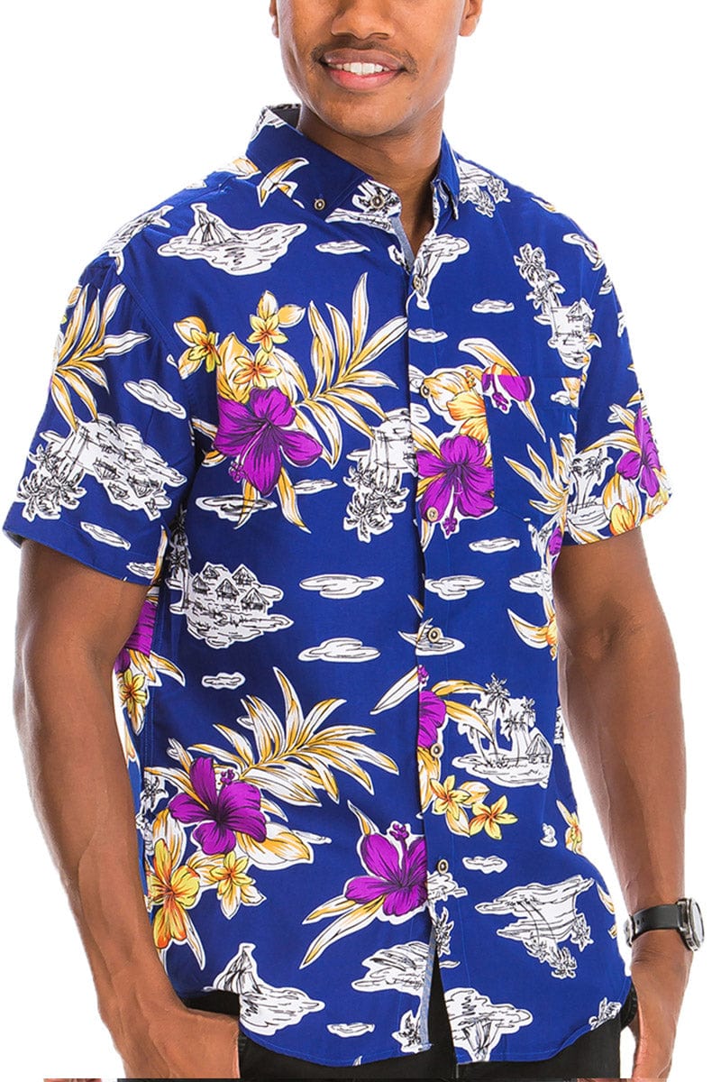 WEIV Men's Shirt Digital Print Hawaiian Short Sleeve Shirt in Blue, Lilac, & Mustard