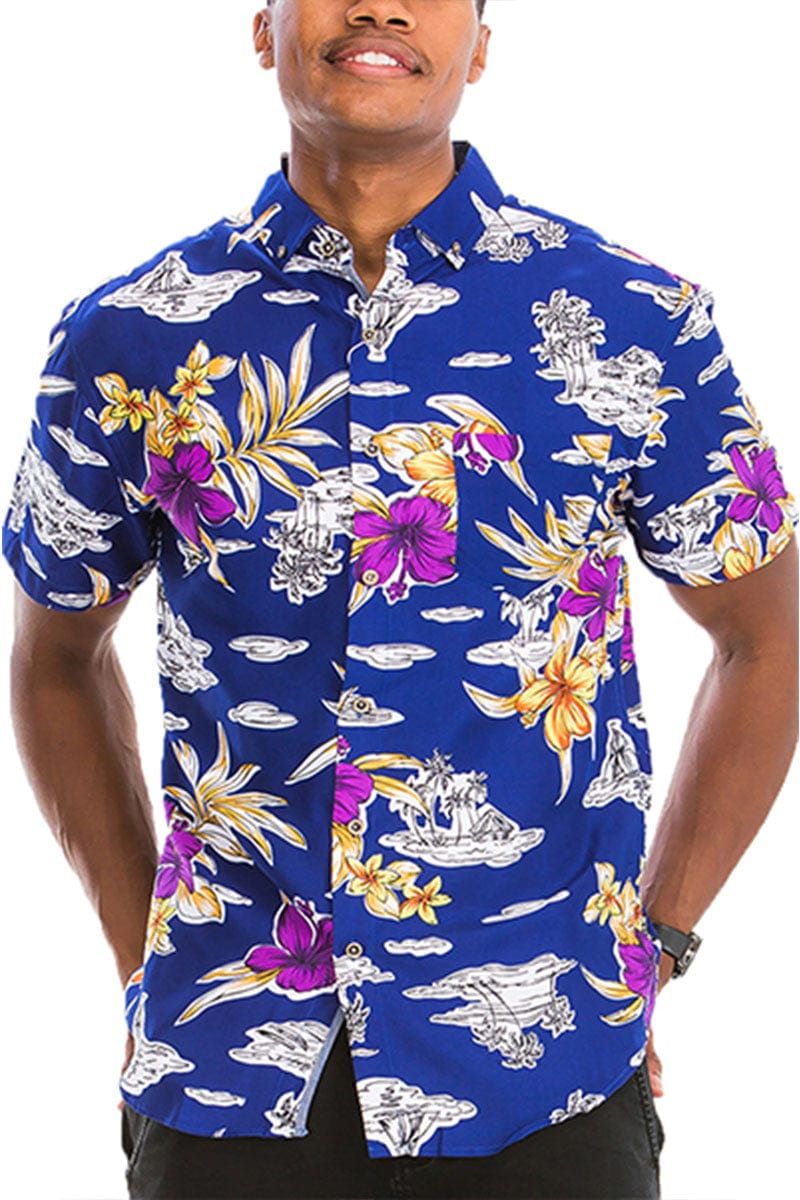 WEIV Men's Shirt Digital Print Hawaiian Short Sleeve Shirt in Blue, Lilac, & Mustard