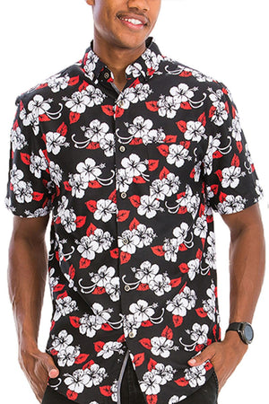 WEIV Men's Shirt Digital Print Hawaiian Short Sleeve Shirt in Coral, White, & Grey