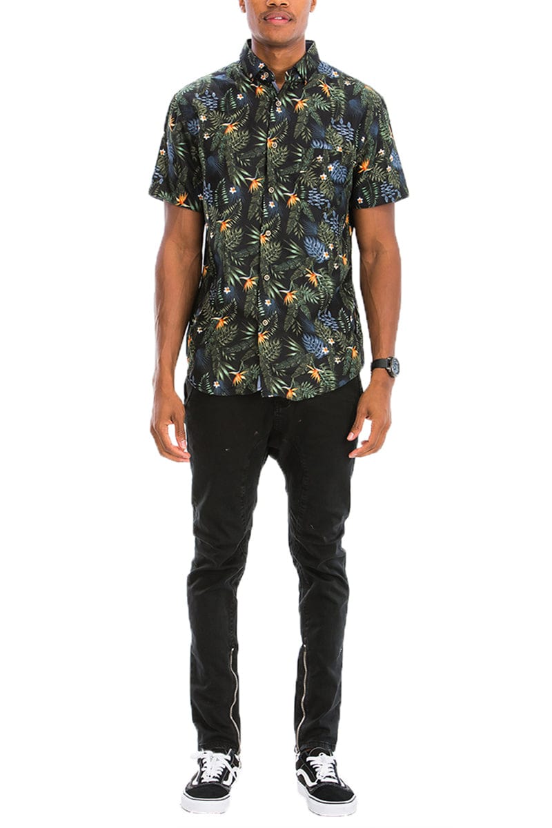 WEIV Men's Shirt Digital Print Hawaiian Short Sleeve Shirt in Muted Print on Dark Grey