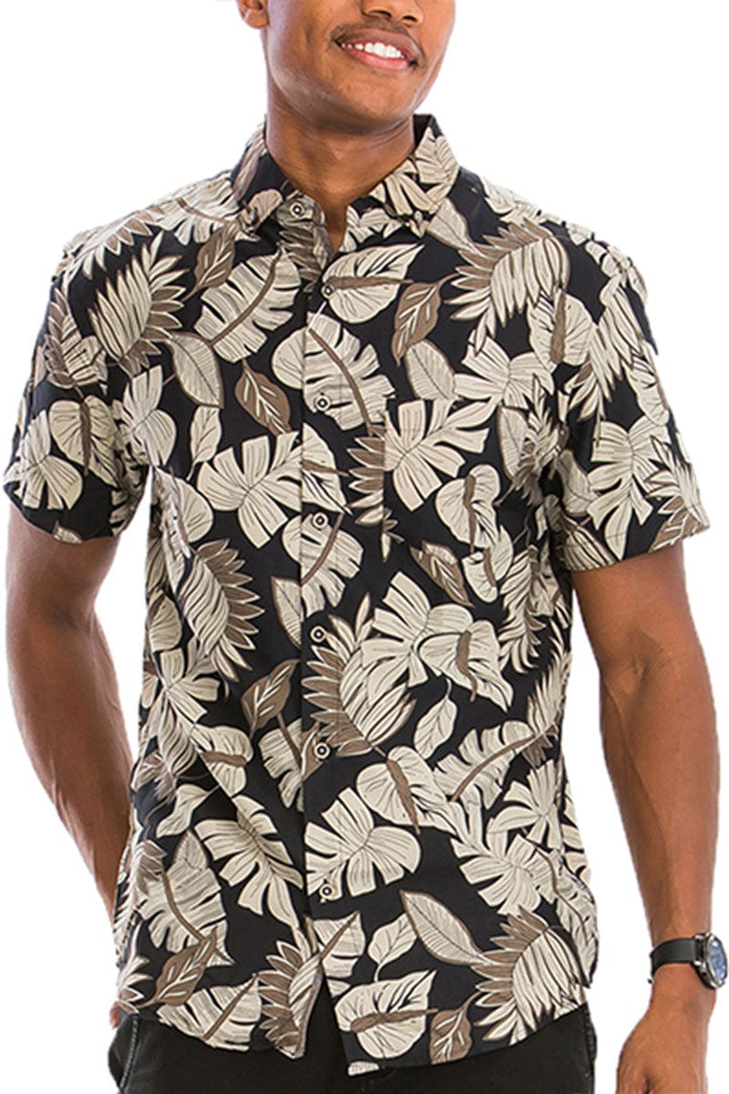 WEIV Men's Shirt Digital Print Hawaiian Short Sleeve Shirt-Tropical Tan on Black Background
