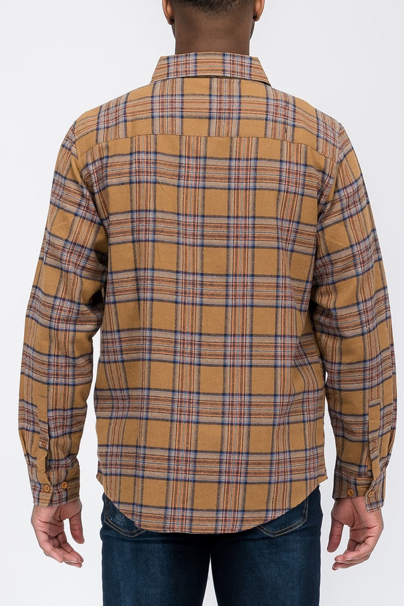 WEIV Men's Shirt Long Sleeve Checkered Plaid Brushed Flannel in Red, Mocha, or Yellow
