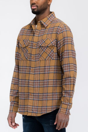 WEIV Men's Shirt Long Sleeve Checkered Plaid Brushed Flannel in Red, Mocha, or Yellow
