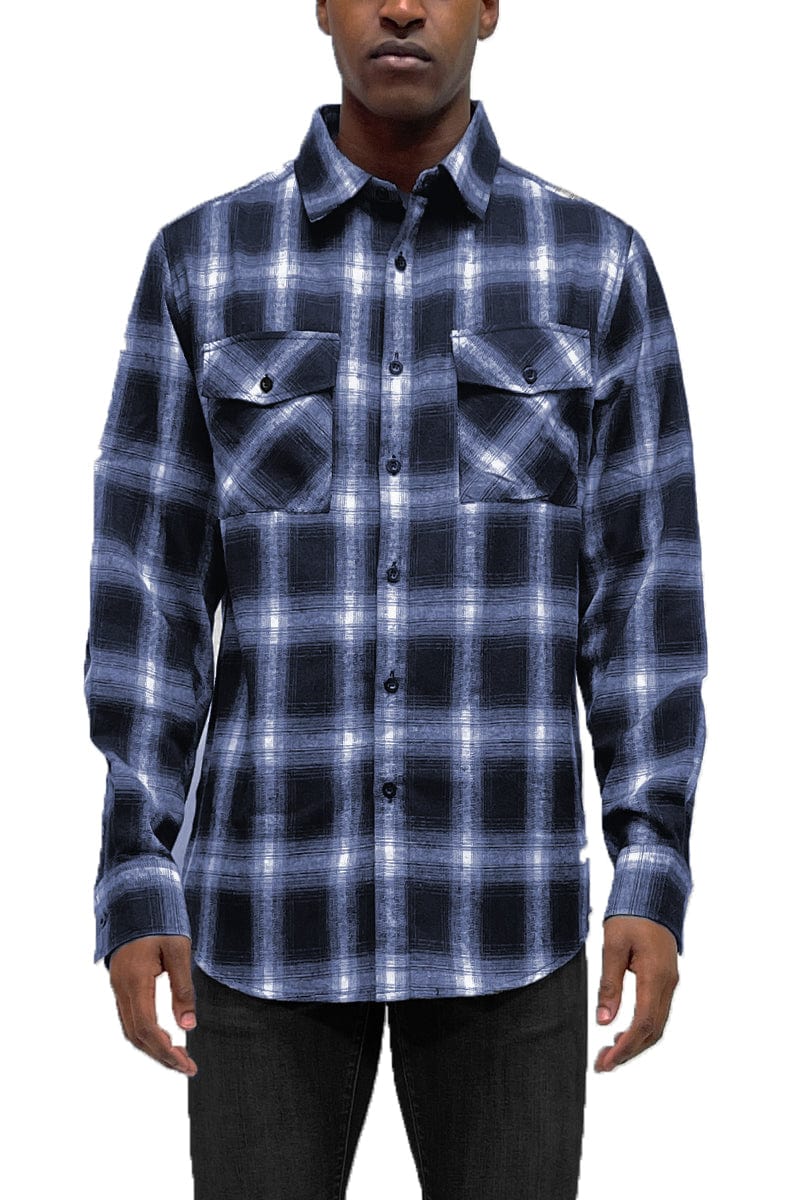 WEIV Men's Shirt NAVY WHITE / S Long Sleeve Checkered Plaid Brushed Flannel in Black, Khaki,, Navy, or Red