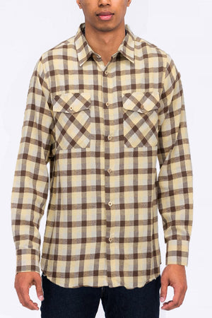WEIV Men's Shirt SAND BLACK / S Long Sleeve Checkered Plaid Brushed Flannel in Blue, Black, Sand, or Red