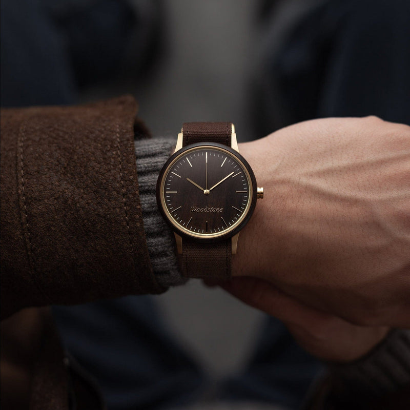 Woodstone Men's Watch Troy Black Sandalwood - Gold Canvas Men's Watch