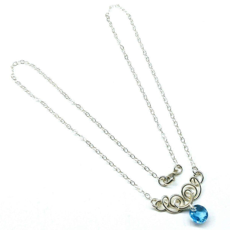 Silver Wire Sculpted Round Aqua Crystal Pendant Necklace -Necklace - Alexa Martha Designs