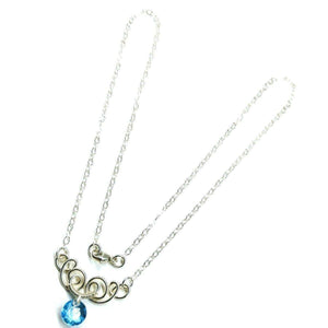 Silver Wire Sculpted Round Aqua Crystal Pendant Necklace -Necklace - Alexa Martha Designs