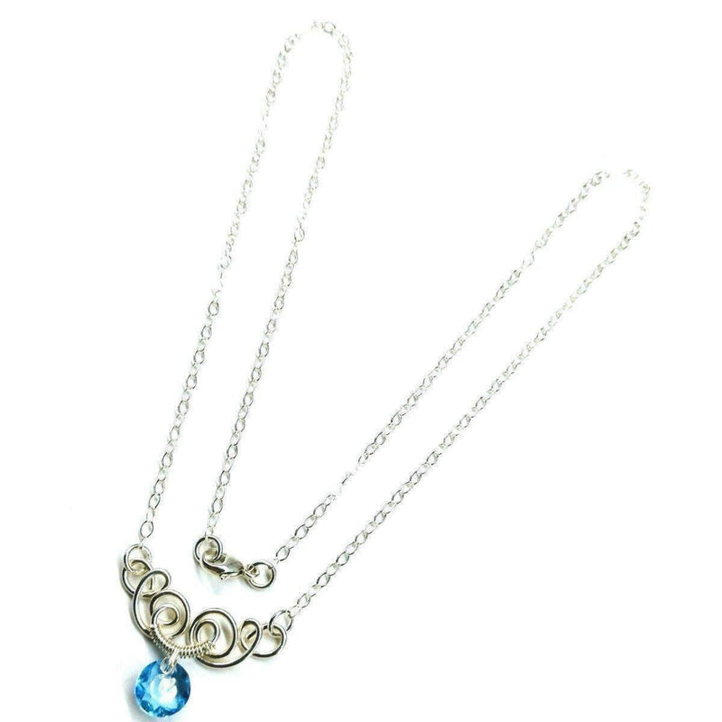 Silver Wire Sculpted Round Aqua Crystal Pendant Necklace -Necklace - Alexa Martha Designs