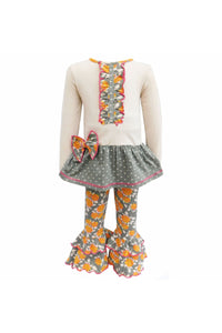 AnnLoren Girls Standard Sets 18-24 Mo AnnLoren Girls Boutique Fall Floral Polka Dots Dress & Ruffle Pant Clothing Set