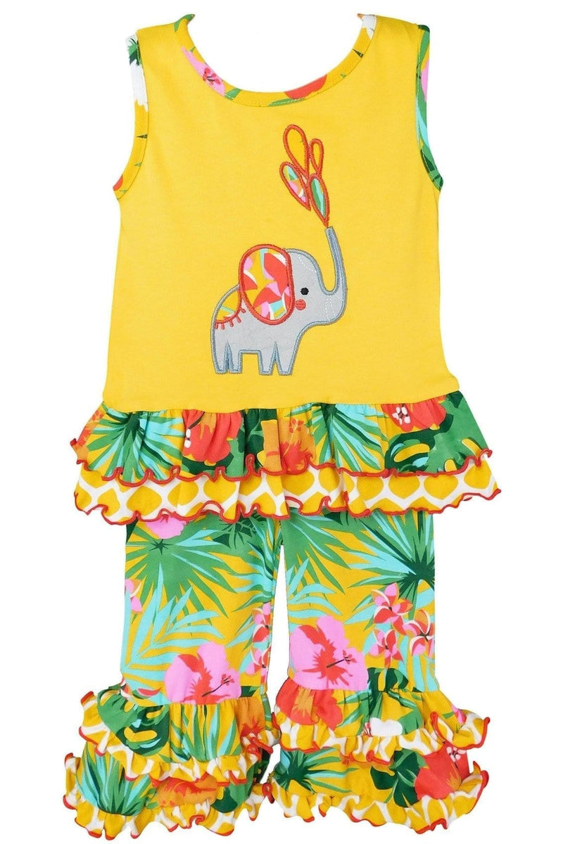 AnnLoren Girls Standard Sets 6-6X AnnLoren Big Little Girls Yellow Elephant Tunic & Tropical Hibiscus Capri Ruffle Pants Boutique Set