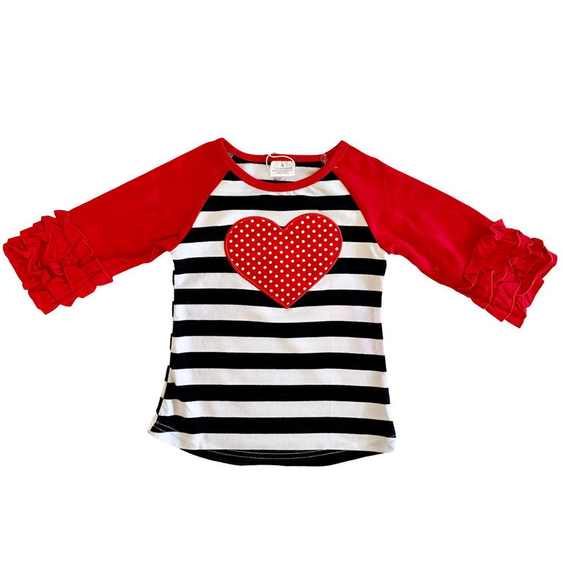 AnnLoren Girls Standard Sets AL Limited Girls Valentine's Day Striped Red Heart Ruffle Long Sleeve T shirt