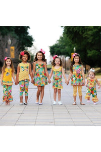 AnnLoren Girls Standard Sets AnnLoren Big Little Girls Yellow Elephant Tunic & Tropical Hibiscus Capri Ruffle Pants Boutique Set