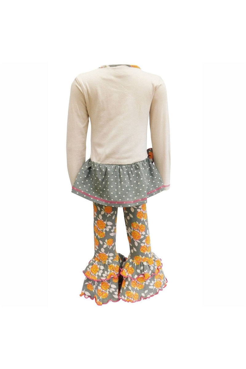 AnnLoren Girls Standard Sets AnnLoren Girls Boutique Fall Floral Polka Dots Dress & Ruffle Pant Clothing Set