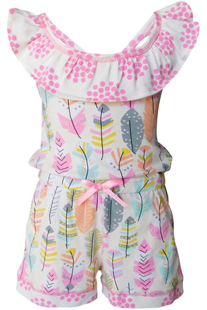 AnnLoren Jumpsuits AnnLoren Big Little Girls Pink Feather & Polka Dots Shorts Jumpsuit Spring Summer One Piece Outfit