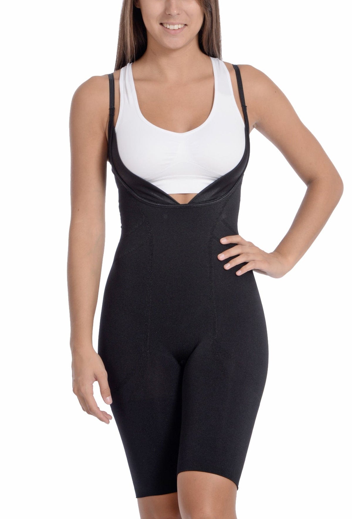 Body Beautiful Shapewear Women's Shapewear S/M Seamless "Wear Your Own Bra" Bodysuit Shaper With Extra Long Boyleg Black