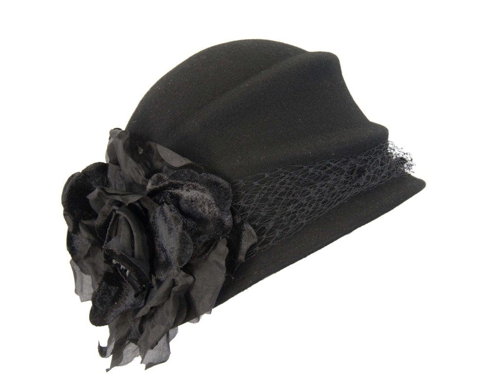 Cupids Millinery Accessories Black cloche bucket felt hat