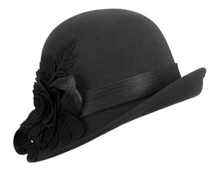 Cupids Millinery Accessories Black felt cloche hat with lace