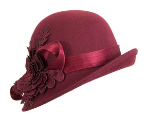 Cupids Millinery Accessories Burgundy wine felt cloche hat with lace