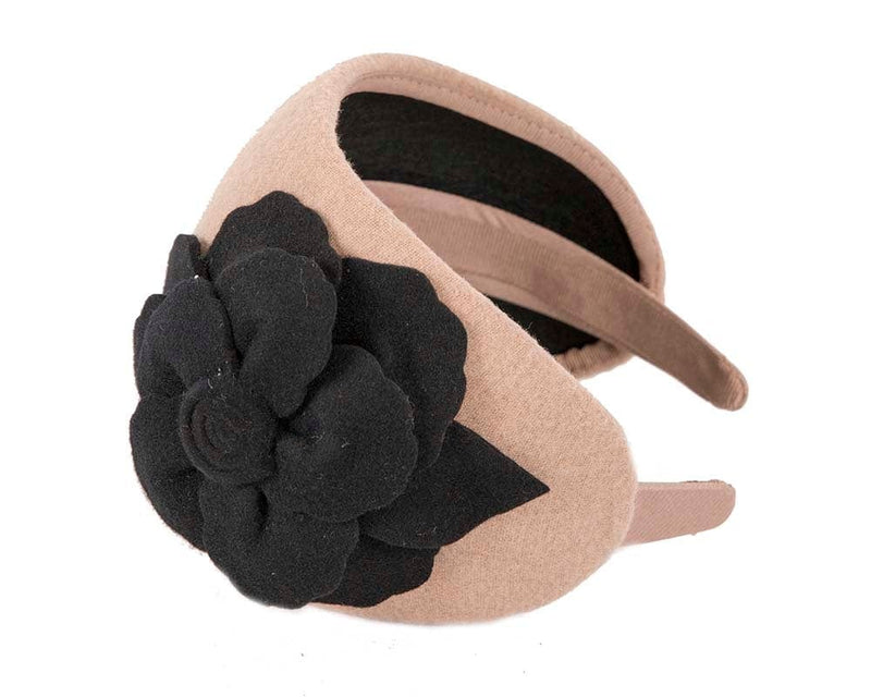 Cupids Millinery Accessories Wide beige & black winter headband with flower