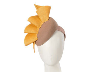 Cupids Millinery Women's Hat Beige Beige & mustard pillbox fascinator by Fillies Collection