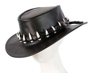 Cupids Millinery Women's Hat Black Australian Leather Outback Jacaru Hat with 15 Crосоdile Teeth