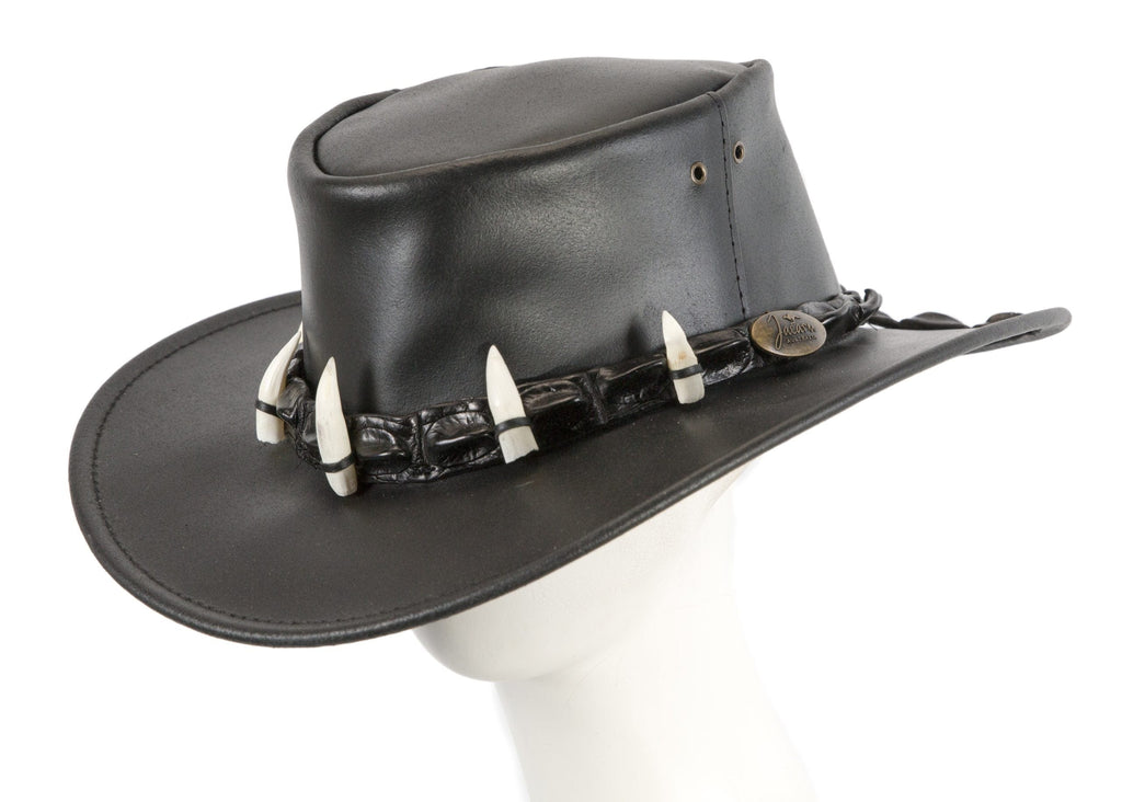 Cupids Millinery Women's Hat Black Australian Leather Outback Jacaru Hat with Crосоdile Teeth