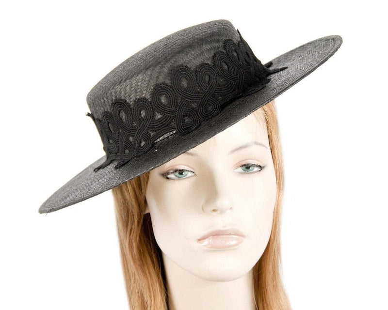 Cupids Millinery Women's Hat Black Black boater hat with lace