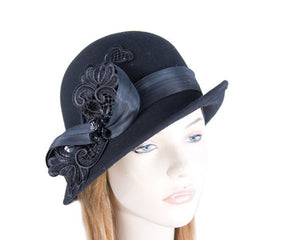 Cupids Millinery Women's Hat Black Black cloche hat with lace trim