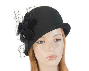 Cupids Millinery Women's Hat Black Black felt bucket hat with flower by Fillies Collection