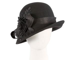 Cupids Millinery Women's Hat Black Black felt cloche hat with lace by Fillies Collection