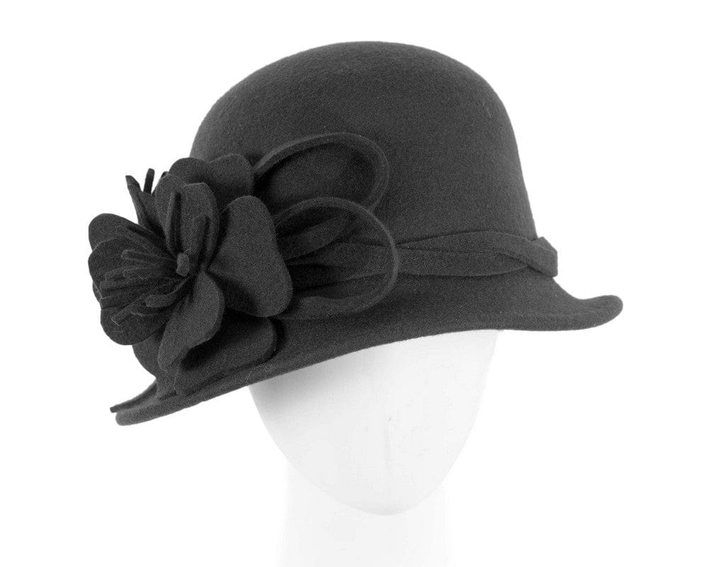 Cupids Millinery Women's Hat Black Black felt winter hat with flower by Max Alexander