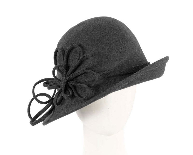 Cupids Millinery Women's Hat Black Black felt winter hat with flower by Max Alexander