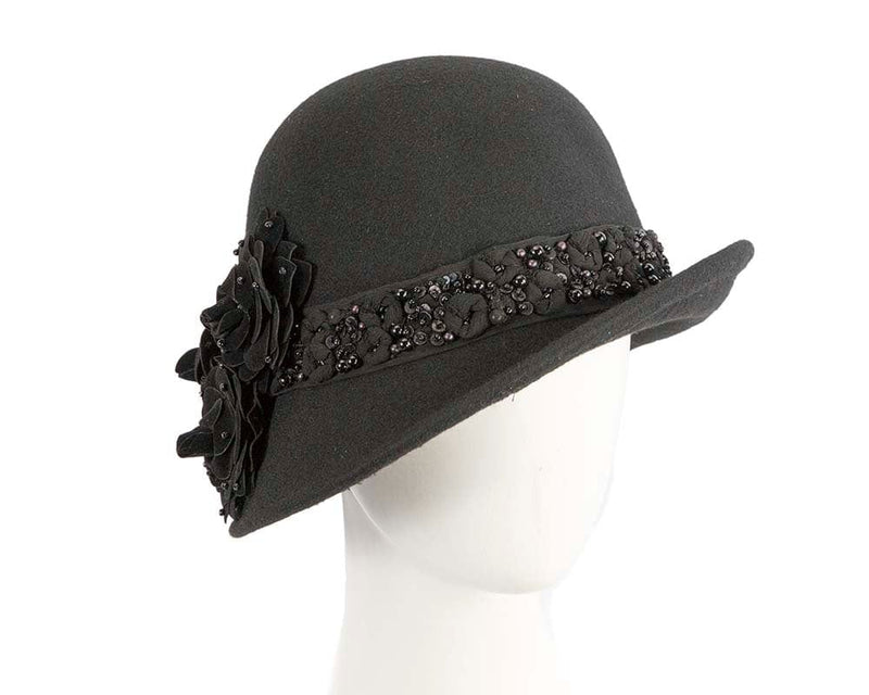 Cupids Millinery Women's Hat Black Black ladies winter felt cloche hat by Fillies Collection