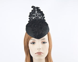 Cupids Millinery Women's Hat Black Black pillbox fascinator hat with lace for Melbourne Cup races S168B