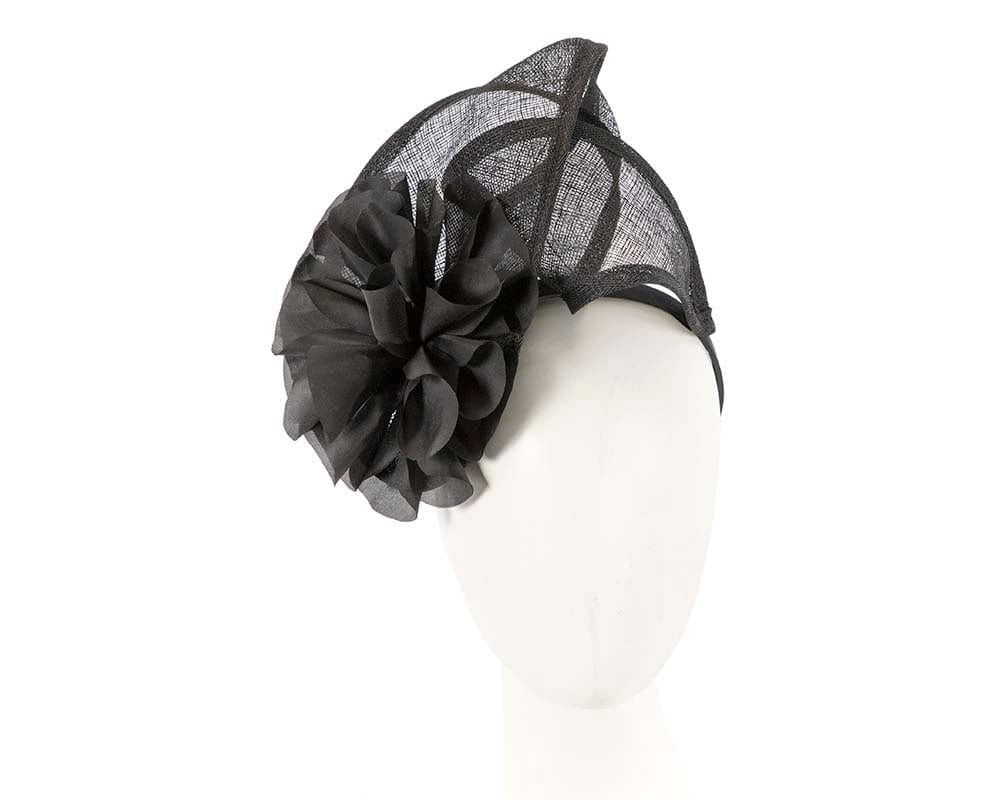 Cupids Millinery Women's Hat Black Black sinamay fascinator with flower for Melbourne Cup races