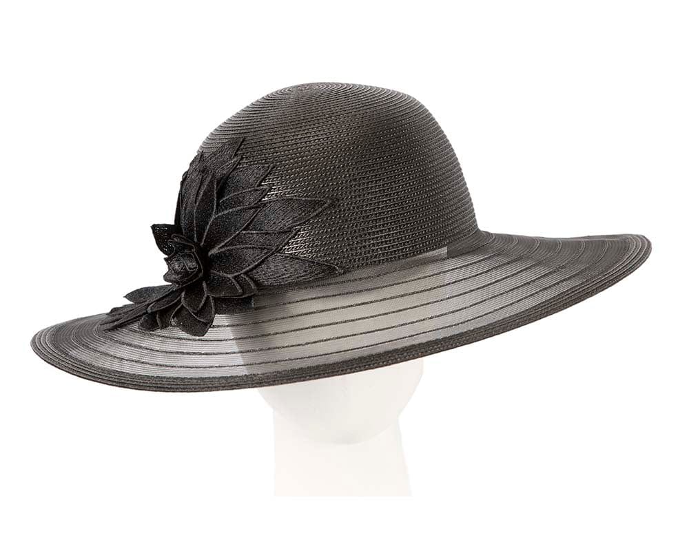 Cupids Millinery Women's Hat Black Black wide brim hat with lace flower by Cupids Millinery