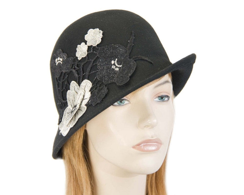 Cupids Millinery Women's Hat Black Black winter bucket hat with lace