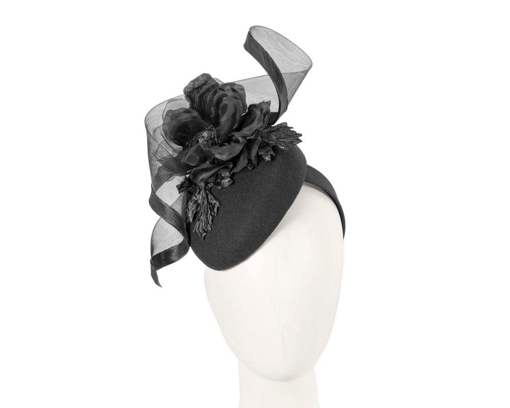 Cupids Millinery Women's Hat Black Black winter pillbox fascinator with flower