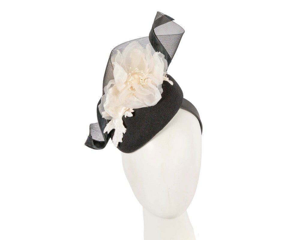 Cupids Millinery Women's Hat Black Black winter pillbox fascinator with white flower