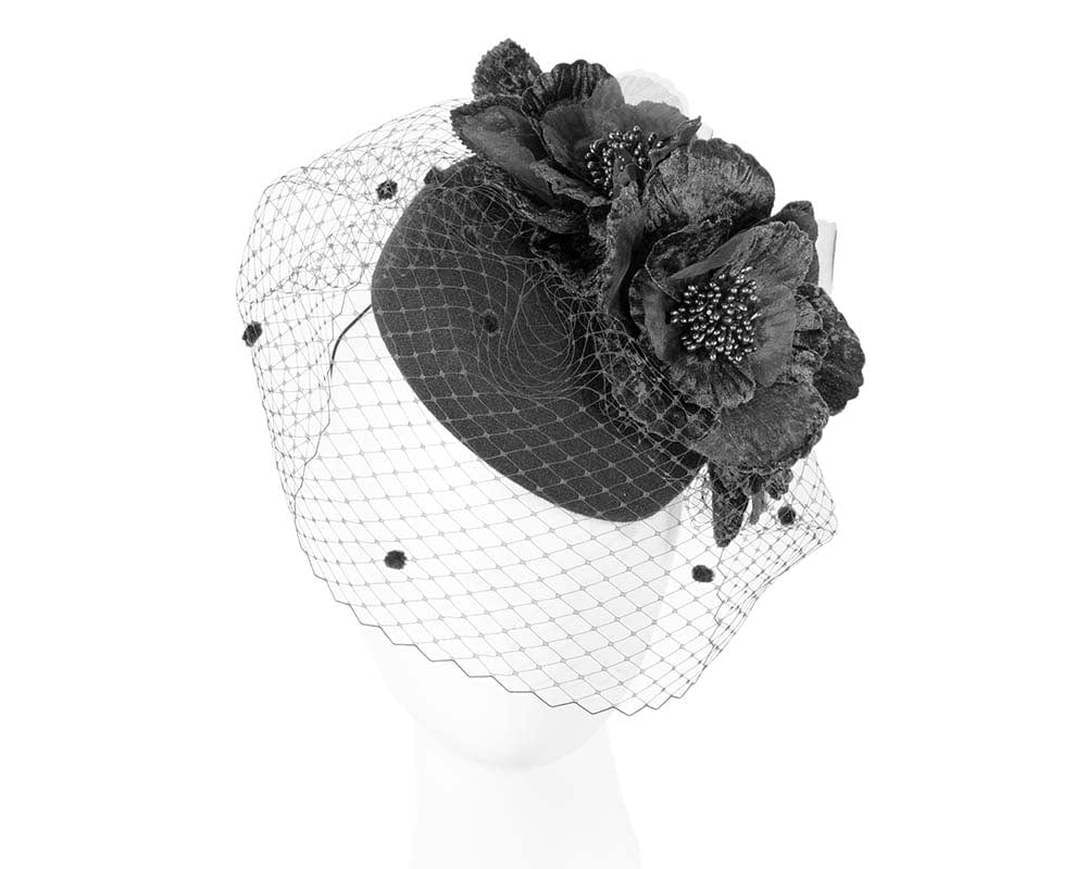 Cupids Millinery Women's Hat Black Black winter racing felt pillbox with flower and veiling by Fillies Collection