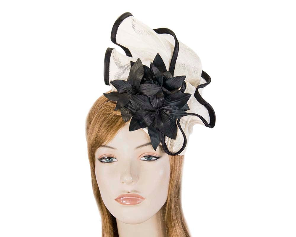 Cupids Millinery Women's Hat Black/Cream Sculptured cream & black fascinator with leather flowers