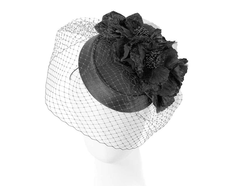 Cupids Millinery Women's Hat Black Custom made black pillbox hat with flowers & face veiling