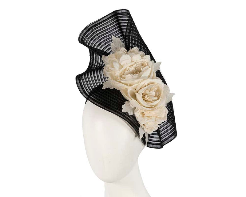 Cupids Millinery Women's Hat Black Large black & cream racing fascinator with flowers by Fillies Collection