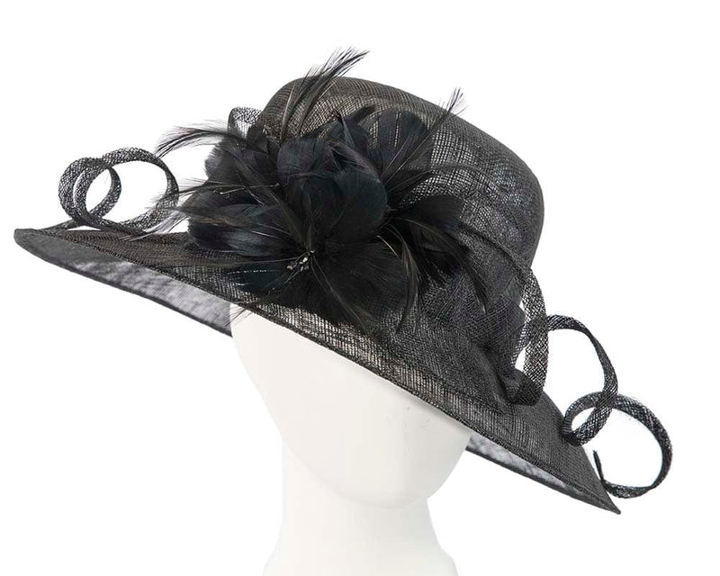 Cupids Millinery Women's Hat Black Large black racing hat with bow by Cupids Millinery